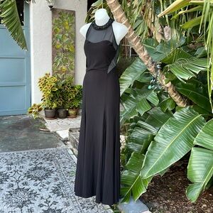 Massima sheer cut out trumpet dress with beaded collar and front slit